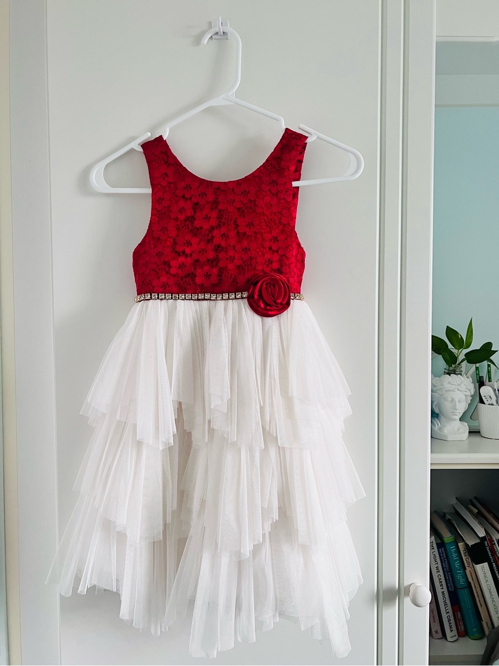 American Princess Burgundy Lace Bodice White Tiered Tulle Dress